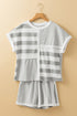 Mixed Print Striped Short Sleeve Pocketed Short Set