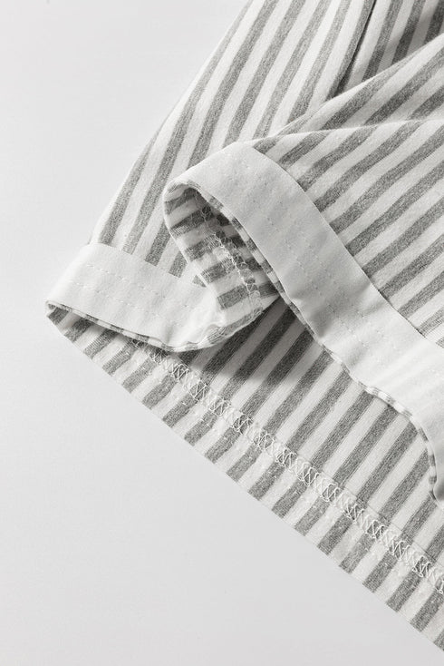 Mixed Print Striped Short Sleeve Pocketed Short Set
