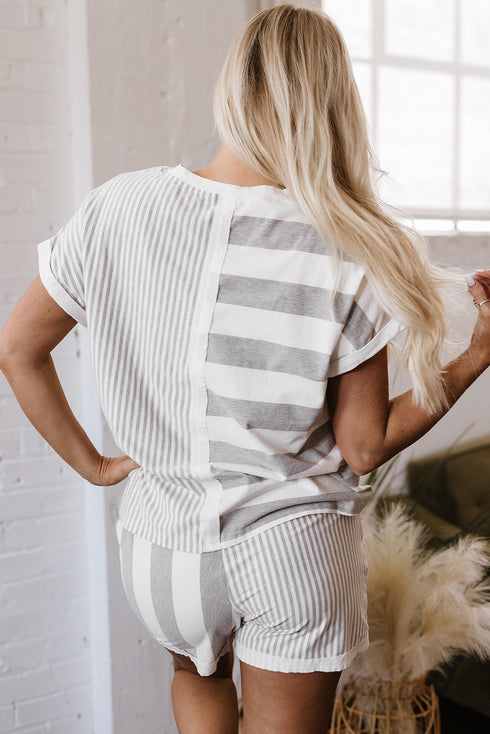 Mixed Print Striped Short Sleeve Pocketed Short Set