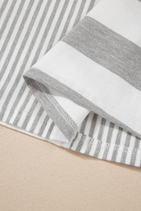 Mixed Print Striped Short Sleeve Pocketed Short Set