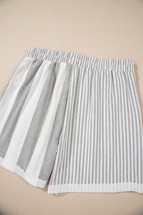 Mixed Print Striped Short Sleeve Pocketed Short Set