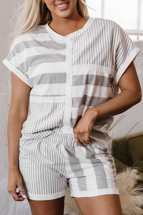 Mixed Print Striped Short Sleeve Pocketed Short Set