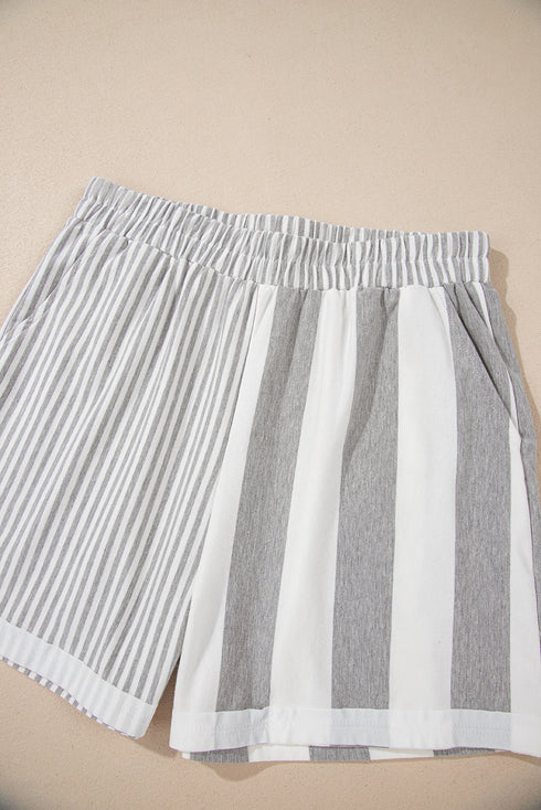 Mixed Print Striped Short Sleeve Pocketed Short Set