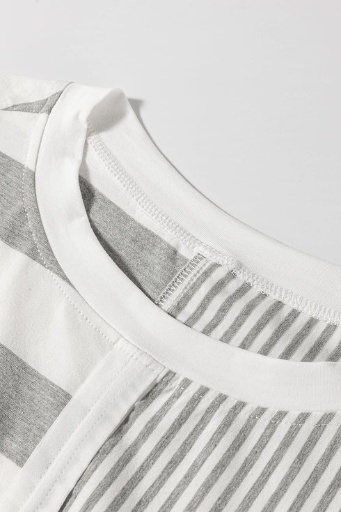 Mixed Print Striped Short Sleeve Pocketed Short Set
