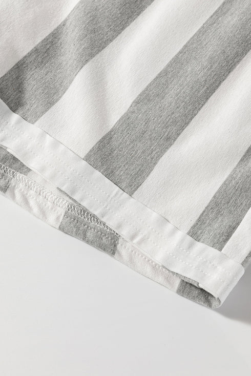 Mixed Print Striped Short Sleeve Pocketed Short Set