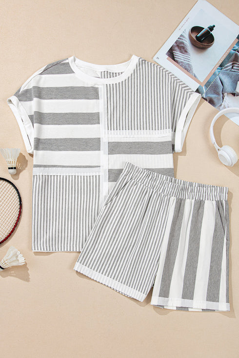 Mixed Print Striped Short Sleeve Pocketed Short Set