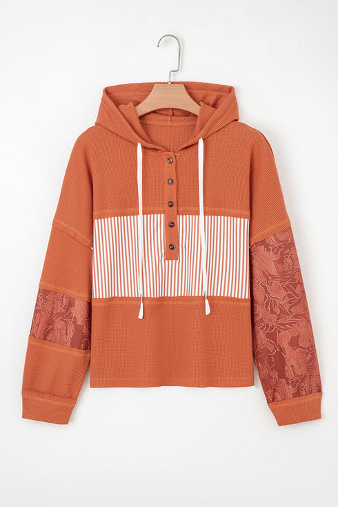 Mixed Print Waffle Knit Button Front Hooded Pullover