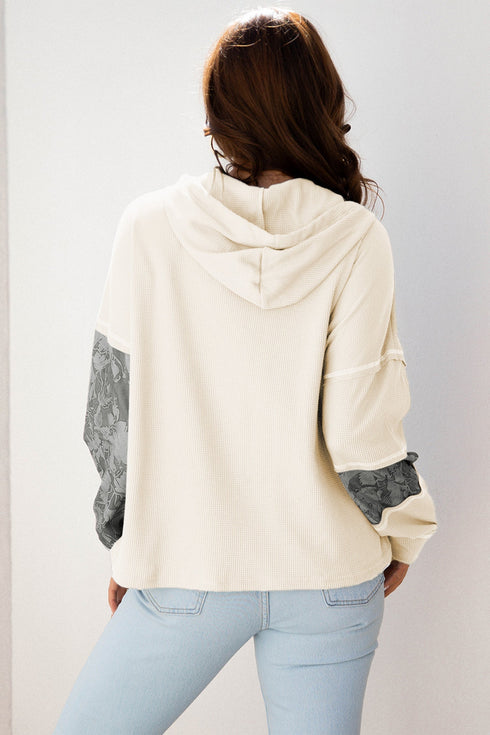 Mixed Print Waffle Knit Button Front Hooded Pullover