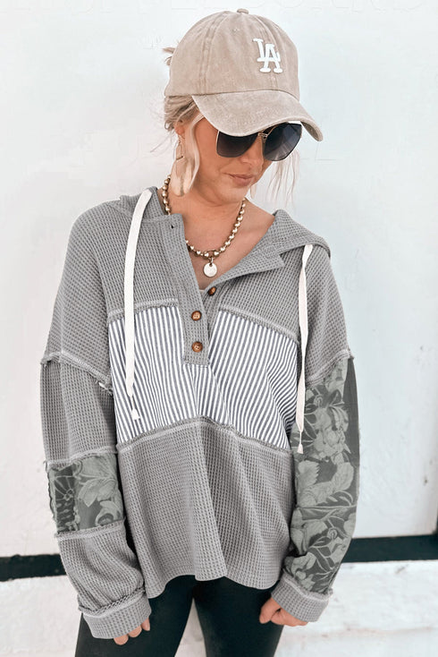 Mixed Print Waffle Knit Button Front Hooded Pullover