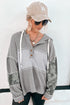 Mixed Print Waffle Knit Button Front Hooded Pullover