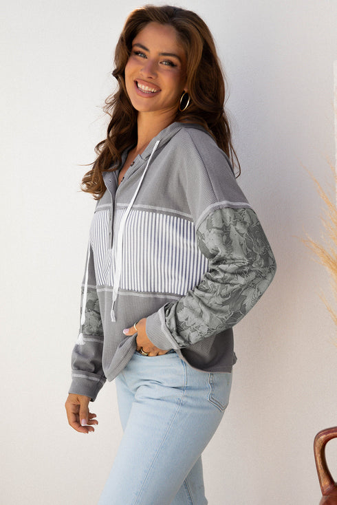 Mixed Print Waffle Knit Button Front Hooded Pullover