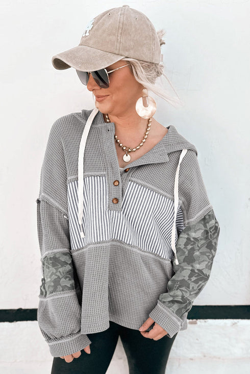 Mixed Print Waffle Knit Button Front Hooded Pullover