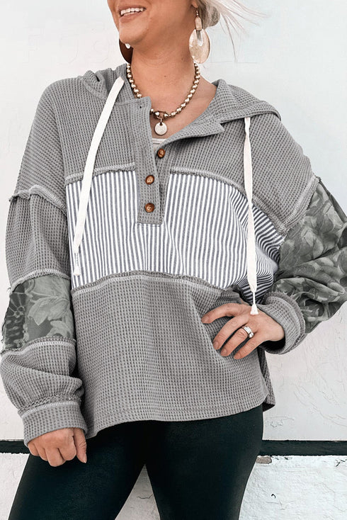 Mixed Print Waffle Knit Button Front Hooded Pullover