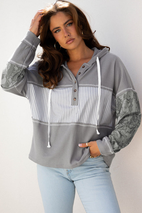 Mixed Print Waffle Knit Button Front Hooded Pullover