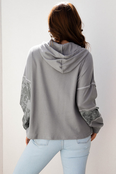 Mixed Print Waffle Knit Button Front Hooded Pullover