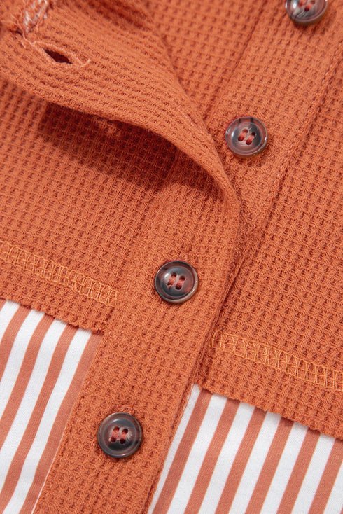 Mixed Print Waffle Knit Button Front Hooded Pullover