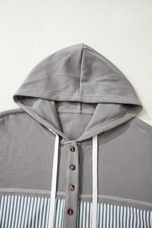 Mixed Print Waffle Knit Button Front Hooded Pullover