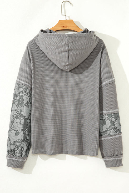 Mixed Print Waffle Knit Button Front Hooded Pullover