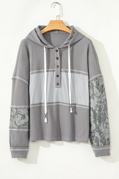 Mixed Print Waffle Knit Button Front Hooded Pullover