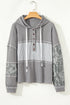 Mixed Print Waffle Knit Button Front Hooded Pullover