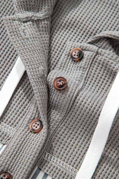Mixed Print Waffle Knit Button Front Hooded Pullover