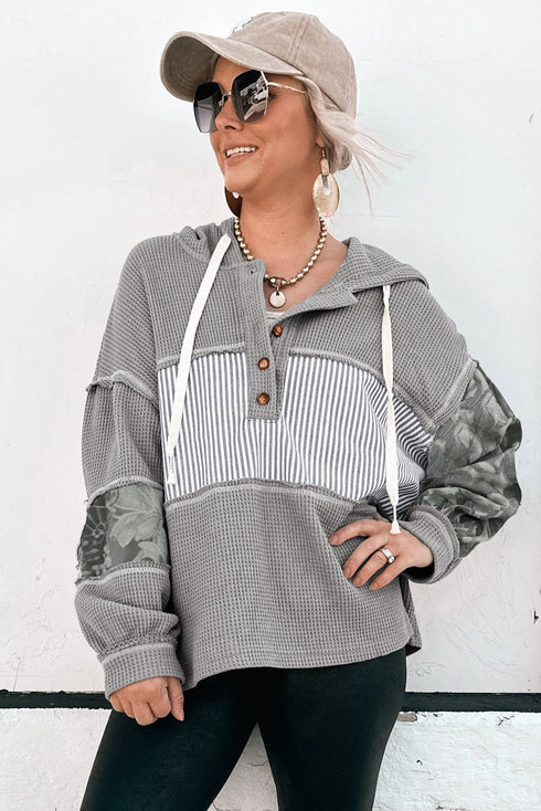 Mixed Print Waffle Knit Button Front Hooded Pullover