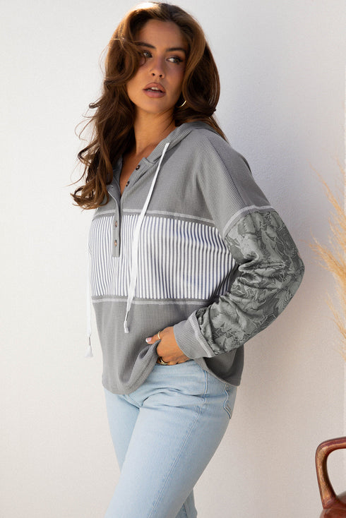 Mixed Print Waffle Knit Button Front Hooded Pullover