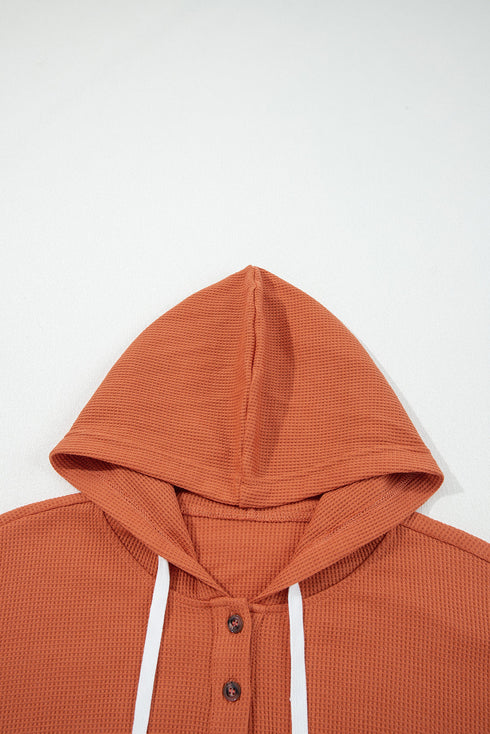 Mixed Print Waffle Knit Button Front Hooded Pullover