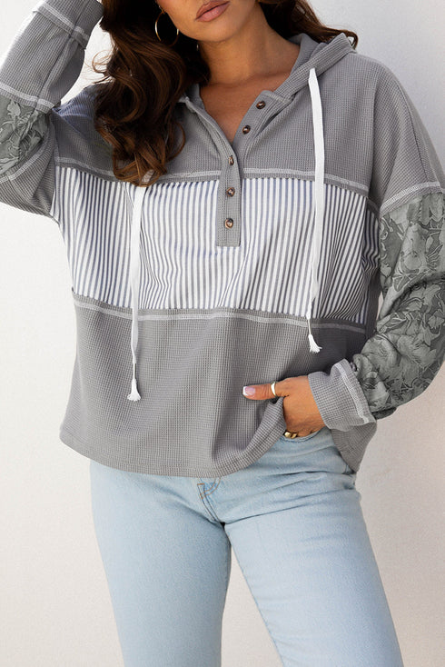 Mixed Print Waffle Knit Button Front Hooded Pullover