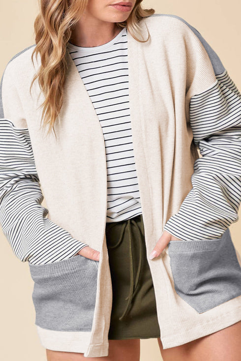 Mixed Print Waffle Knit Patch Pocket Cardigan
