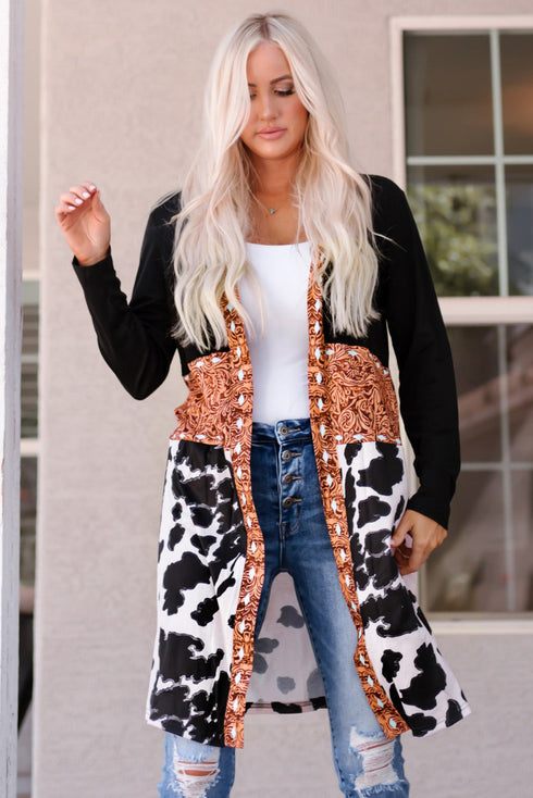 Mixed Print Western Style Open Front Cardigan