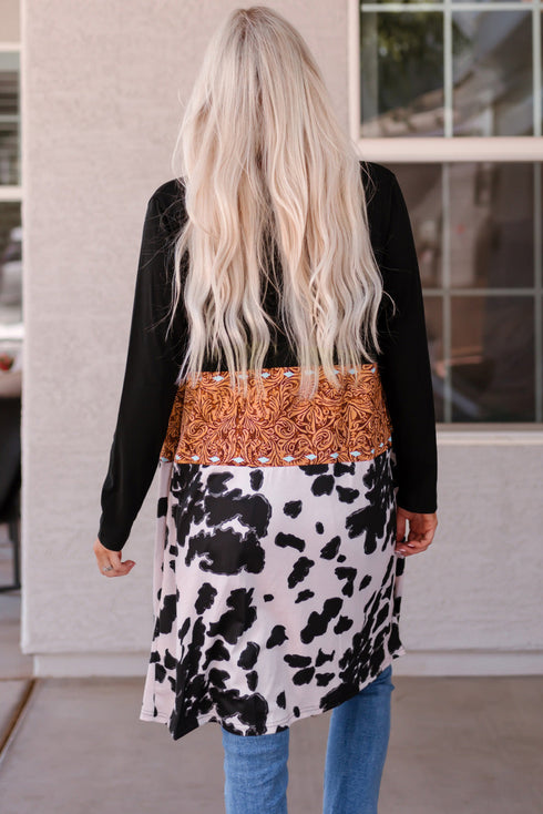 Mixed Print Western Style Open Front Cardigan
