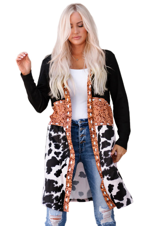 Mixed Print Western Style Open Front Cardigan
