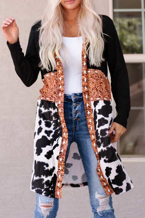 Mixed Print Western Style Open Front Cardigan