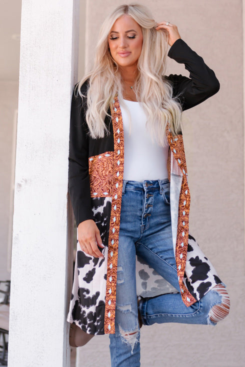 Mixed Print Western Style Open Front Cardigan