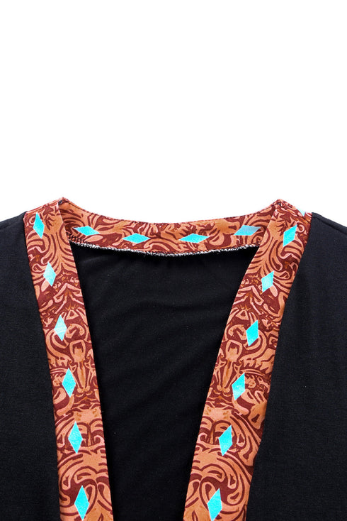 Mixed Print Western Style Open Front Cardigan