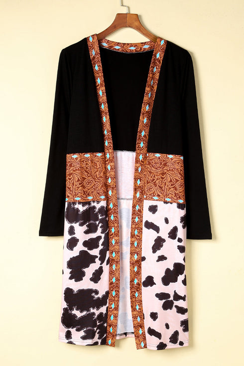 Mixed Print Western Style Open Front Cardigan