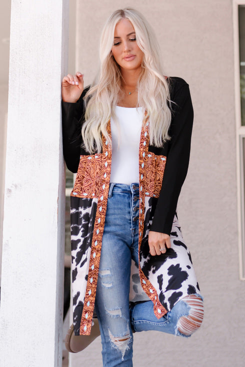 Mixed Print Western Style Open Front Cardigan