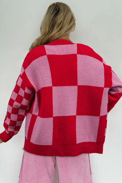 Mixed Scale Checkerboard Pattern V Neck Knit Cardigan