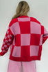 Mixed Scale Checkerboard Pattern V Neck Knit Cardigan