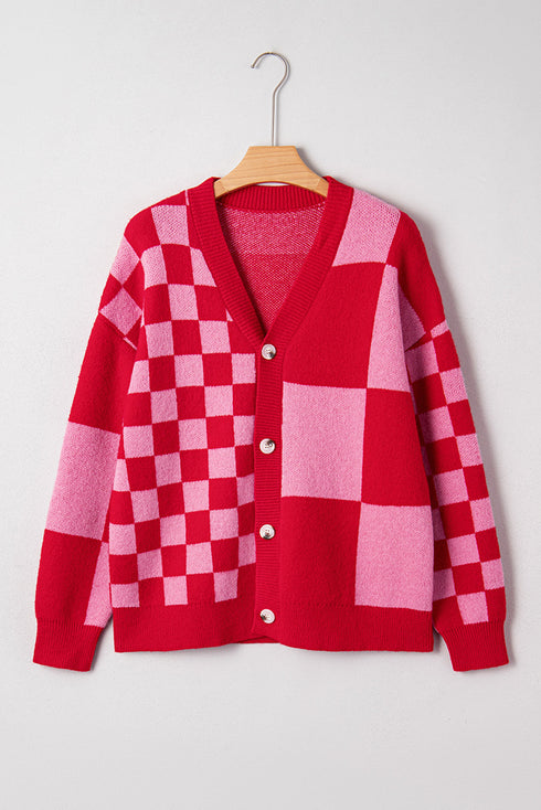 Mixed Scale Checkerboard Pattern V Neck Knit Cardigan