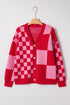 Mixed Scale Checkerboard Pattern V Neck Knit Cardigan