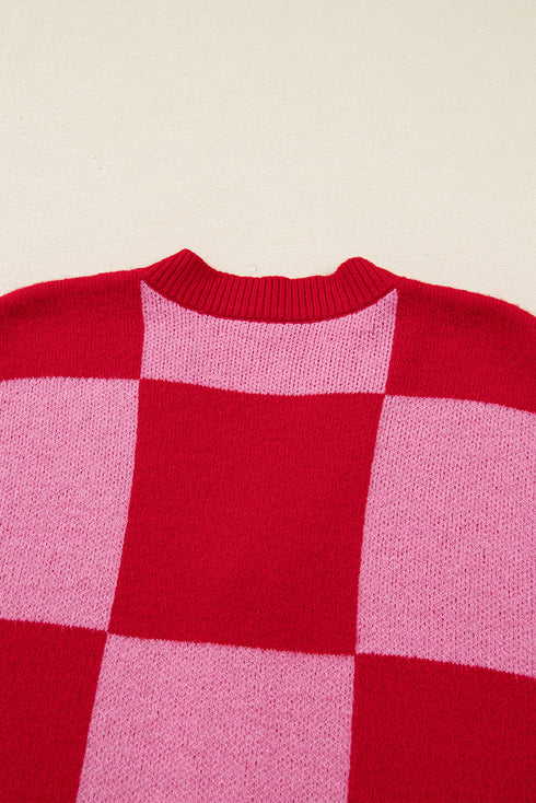 Mixed Scale Checkerboard Pattern V Neck Knit Cardigan