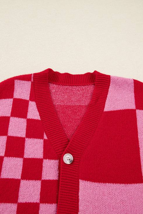 Mixed Scale Checkerboard Pattern V Neck Knit Cardigan