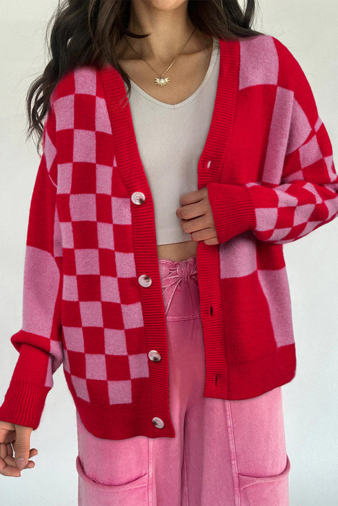 Mixed Scale Checkerboard Pattern V Neck Knit Cardigan