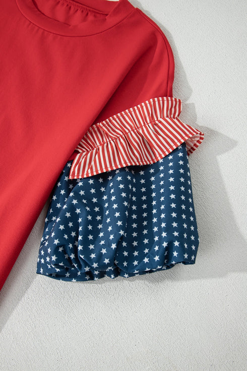 Mixed Star Stripe Print Puff Sleeve Peplum Top