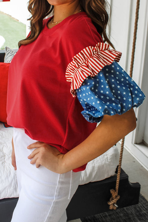 Mixed Star Stripe Print Puff Sleeve Peplum Top
