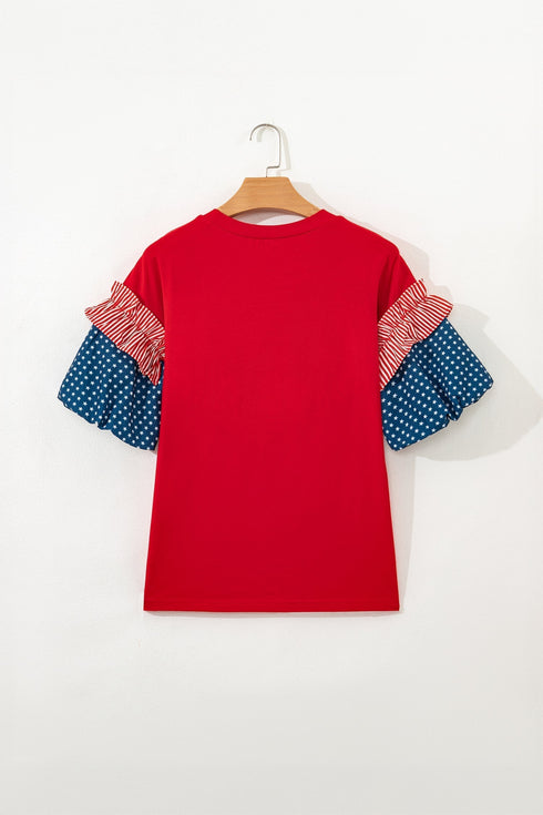 Mixed Star Stripe Print Puff Sleeve Peplum Top
