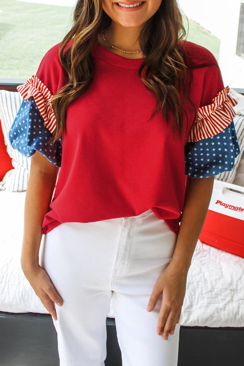 Mixed Star Stripe Print Puff Sleeve Peplum Top