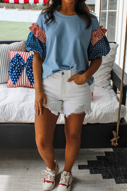 Mixed Star Stripe Print Puff Sleeve Peplum Top
